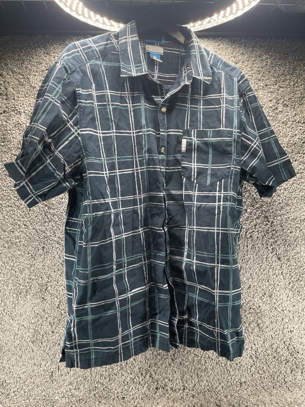 Columbia Men’s XLarge Short Sleeve Shirt Multi Pattern Button Front Casual Blue